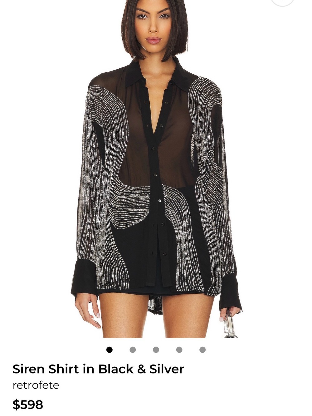 Retrofete Siren Shirt Black Sheer Button-Up Shirt with Silver Bead Embellishment